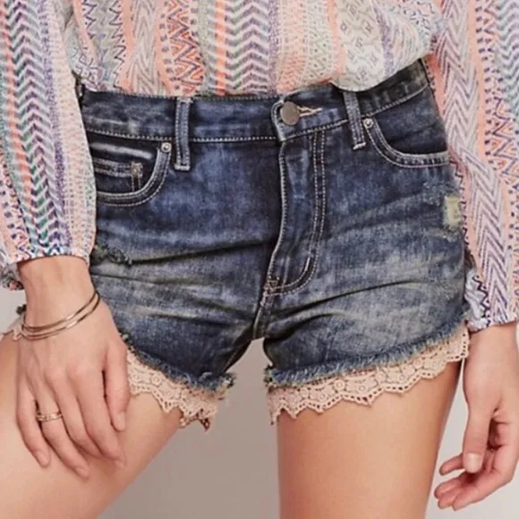Free People Crochet Lace Trim Denim Cut-off Shorts