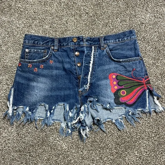Free people cutoff Jean shorts fields of sun painted butterfly button fly summer