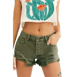 Free People Distressed Grunge Green Shorts