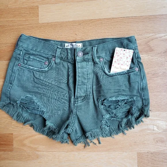 Free People Distressed Grunge Green Shorts