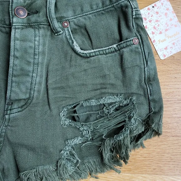 Free People Distressed Grunge Green Shorts
