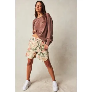 Free People Embroidered Linen Blend Button-Up Shorts Size L