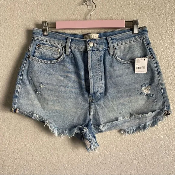 Free People Light Wash Distressed Denim Shorts