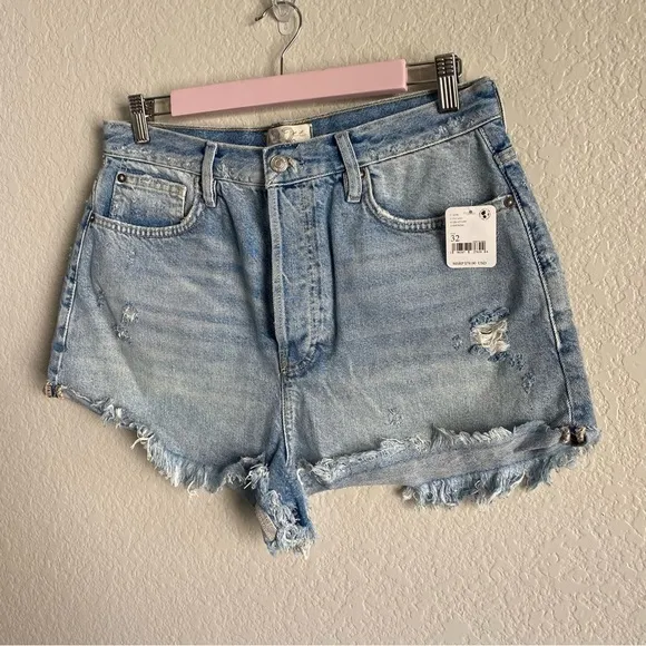 Free People Light Wash Distressed Denim Shorts