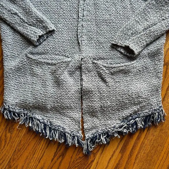 Free People Love Me Tender Cardigan Sweater Hooded Knit Fringe Blue Small