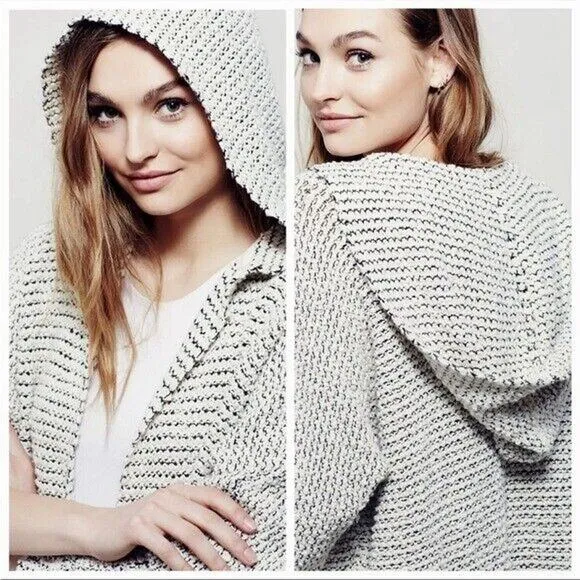 Free People Love Me Tender Cardigan Sweater Hooded Knit Fringe Blue Small