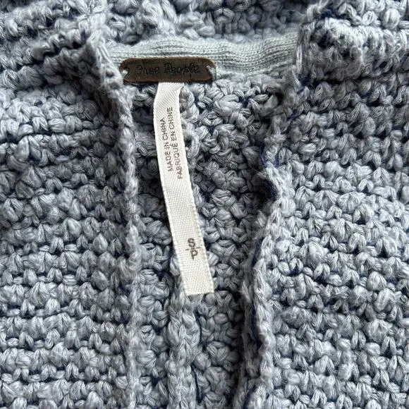Free People Love Me Tender Cardigan Sweater Hooded Knit Fringe Blue Small