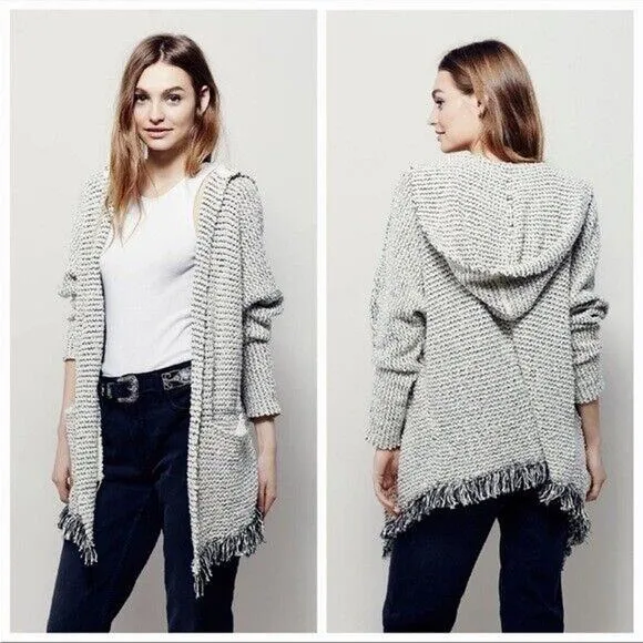Free People Love Me Tender Cardigan Sweater Hooded Knit Fringe Blue Small