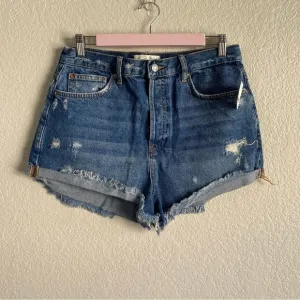 Free People Medium Wash Distressed Raw Hem Denim Shorts