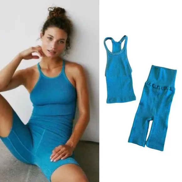 Free People Movement Happiness Runs Lurex Crop Tank and Lurex Bike Shorts