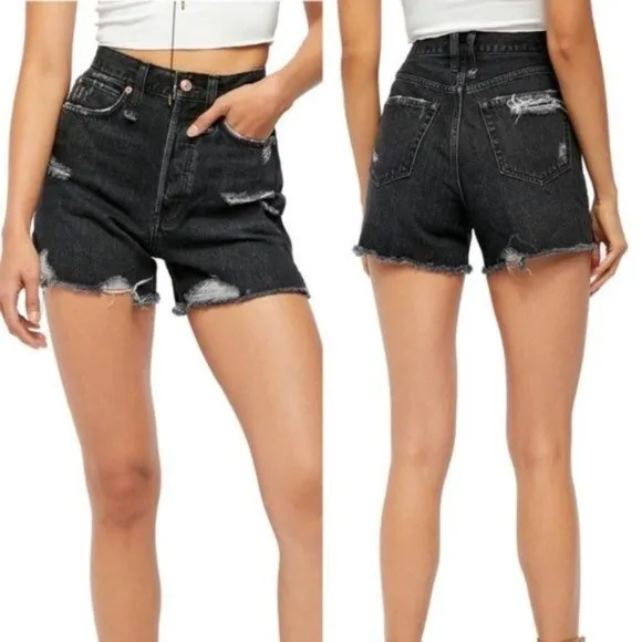 Free People NWT Makai Distressed Cut-Off Shorts in Black