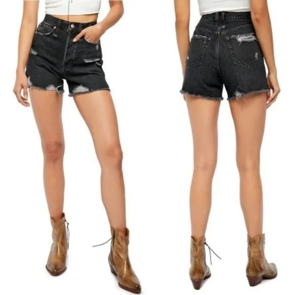 Free People NWT Makai Distressed Cut-Off Shorts in Black