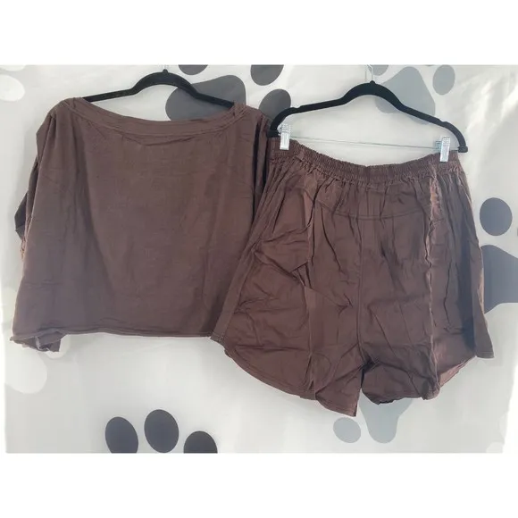Free People NWT Perfect Pima Boxer Set 2 Piece Top and Shorts Cocoa Bean L New