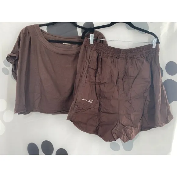 Free People NWT Perfect Pima Boxer Set 2 Piece Top and Shorts Cocoa Bean L New