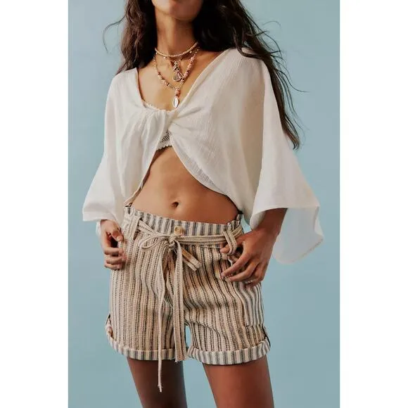 Free People One Shorts Womens L Harriet Striped Baggy Pull On Pockets Boho Beige