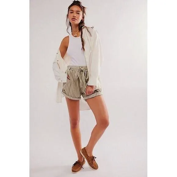 Free People One Shorts Womens L Harriet Striped Baggy Pull On Pockets Boho Beige