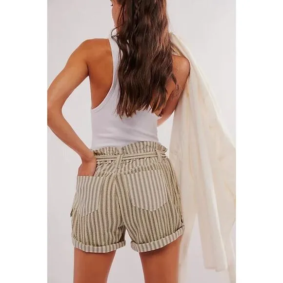 Free People One Shorts Womens L Harriet Striped Baggy Pull On Pockets Boho Beige