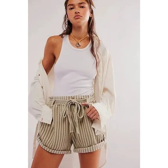 Free People One Shorts Womens L Harriet Striped Baggy Pull On Pockets Boho Beige