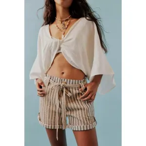 Free People One Shorts Womens L Harriet Striped Baggy Pull On Pockets Boho Beige