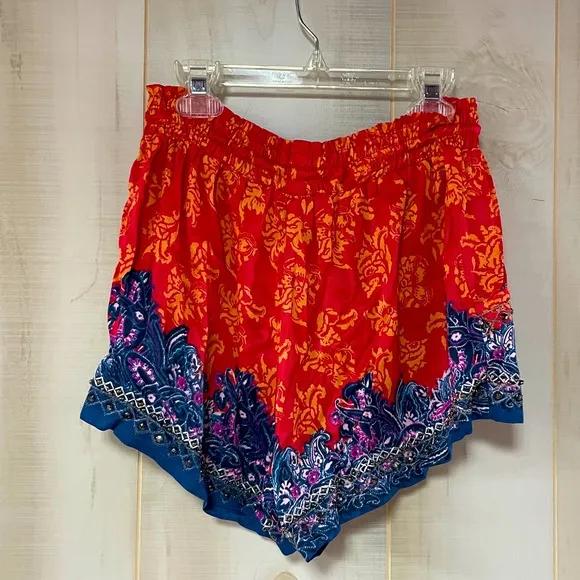 Free People Red Blue Beaded Drawstring Shorts Sz XS Hippie Boho Festival