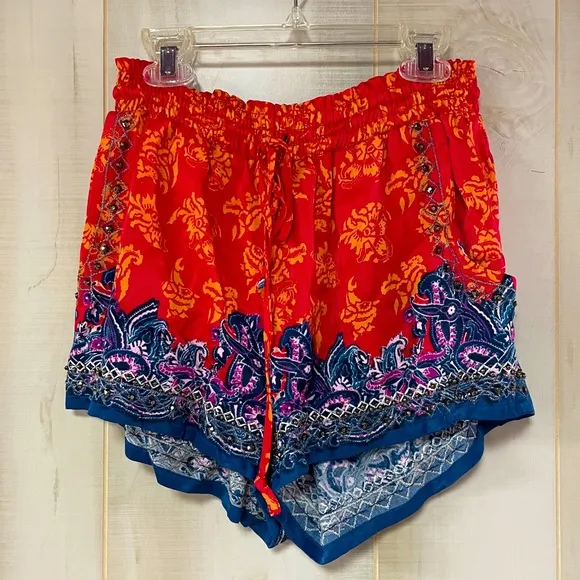 Free People Red Blue Beaded Drawstring Shorts Sz XS Hippie Boho Festival