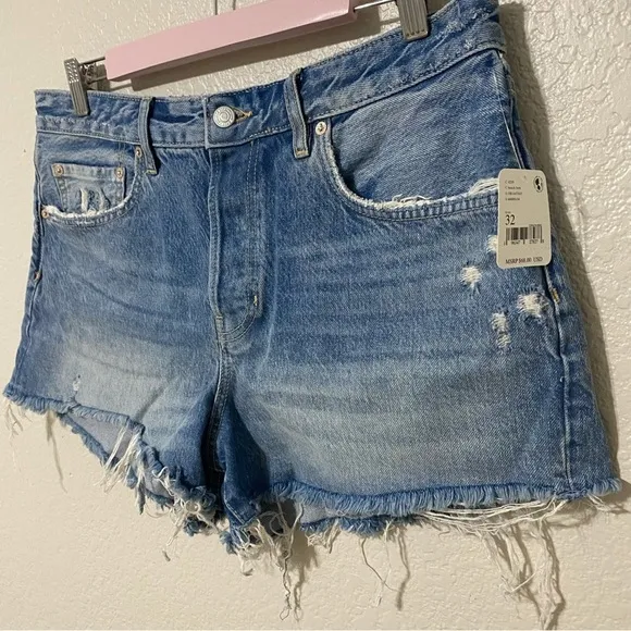 Free People We the Free Beach Bum Distressed Medium Wash Denim Shorts