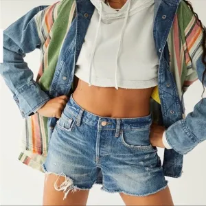 Free People We the Free Beach Bum Distressed Medium Wash Denim Shorts