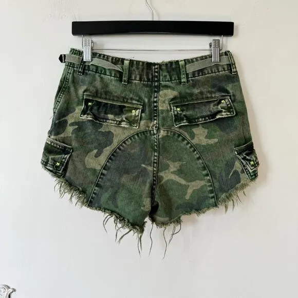 Free People We The Free Green Camo Commander Cut Off Denim Shorts 2