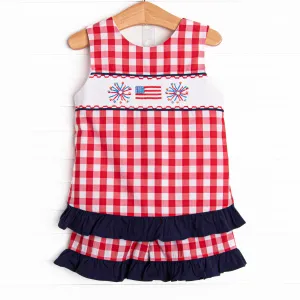 Free to Sparkle Ruffle Short Set, Red Check