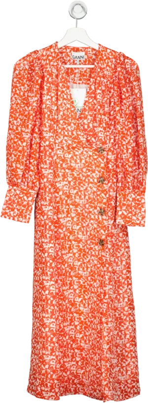 Ganni Orange Balloon-sleeve Floral-print Crepe Midi Dress UK 4