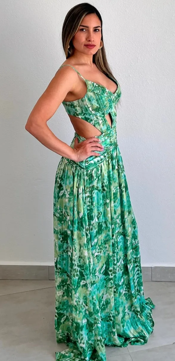 Garden Radiance Green Print Maxi Dress