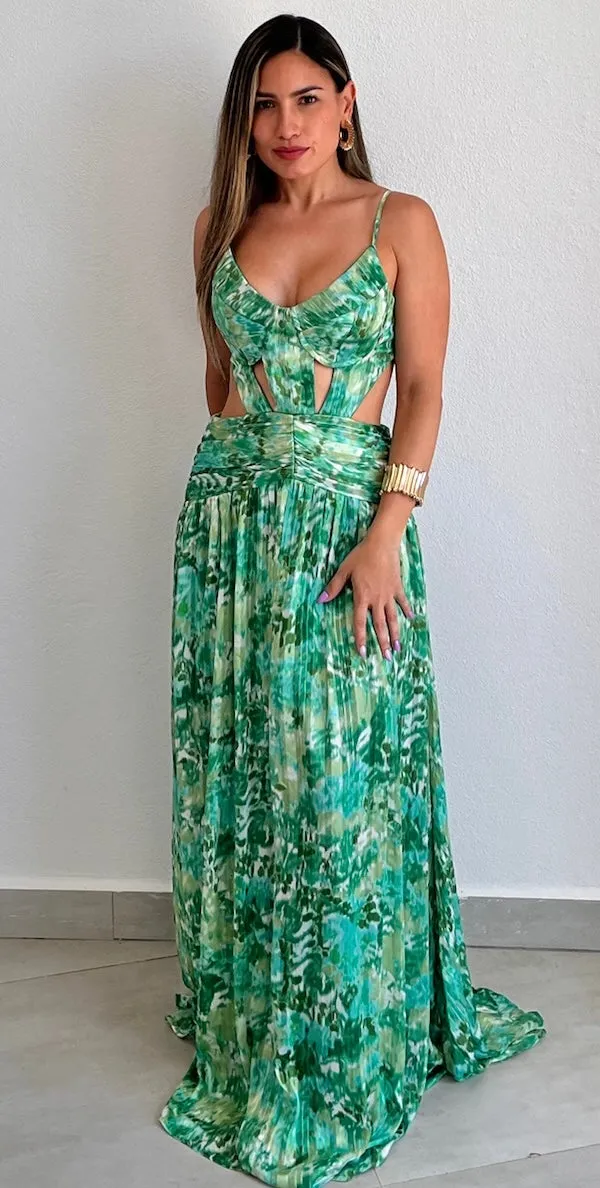 Garden Radiance Green Print Maxi Dress