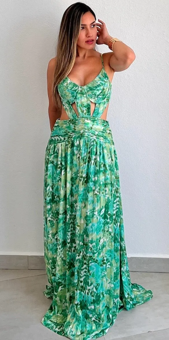 Garden Radiance Green Print Maxi Dress