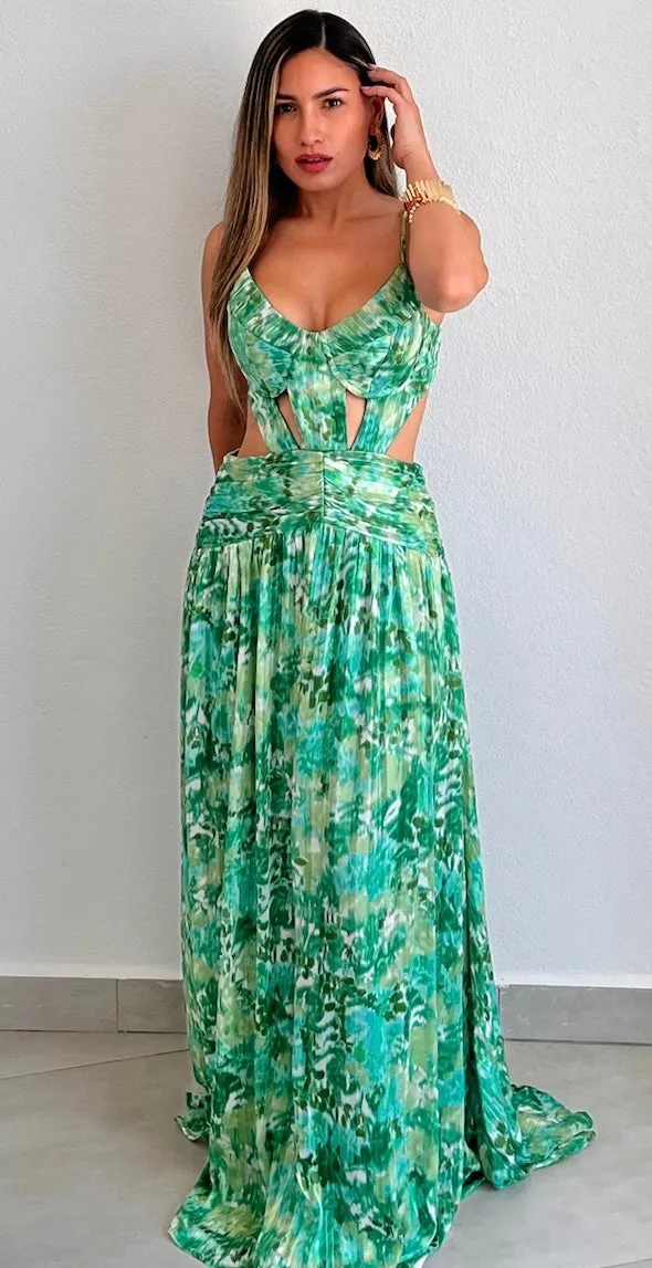 Garden Radiance Green Print Maxi Dress