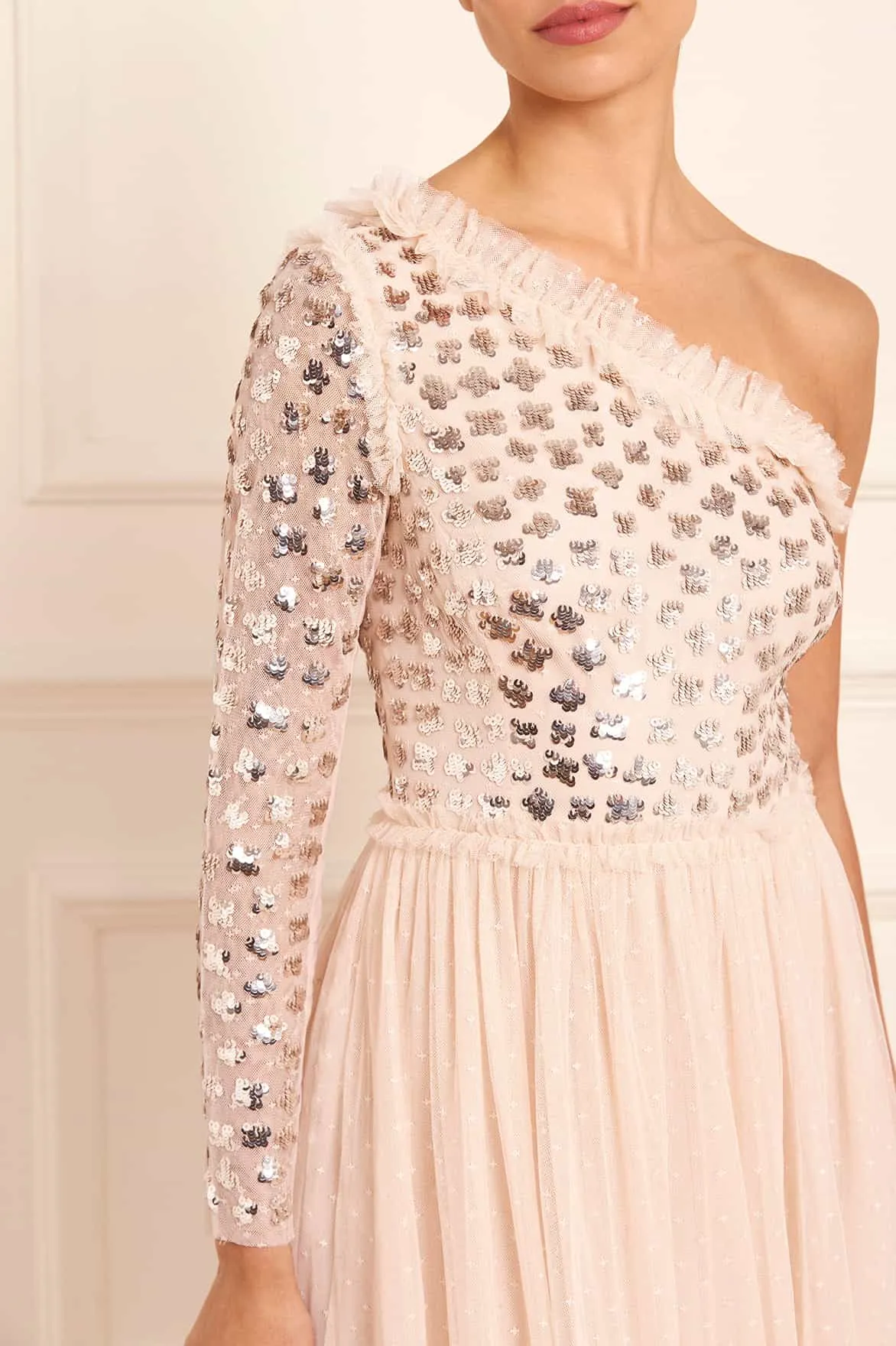 Glisten Bodice One-Shoulder Ankle Gown