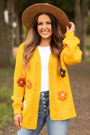 Golden Yellow Flower Embroidery Cardigan