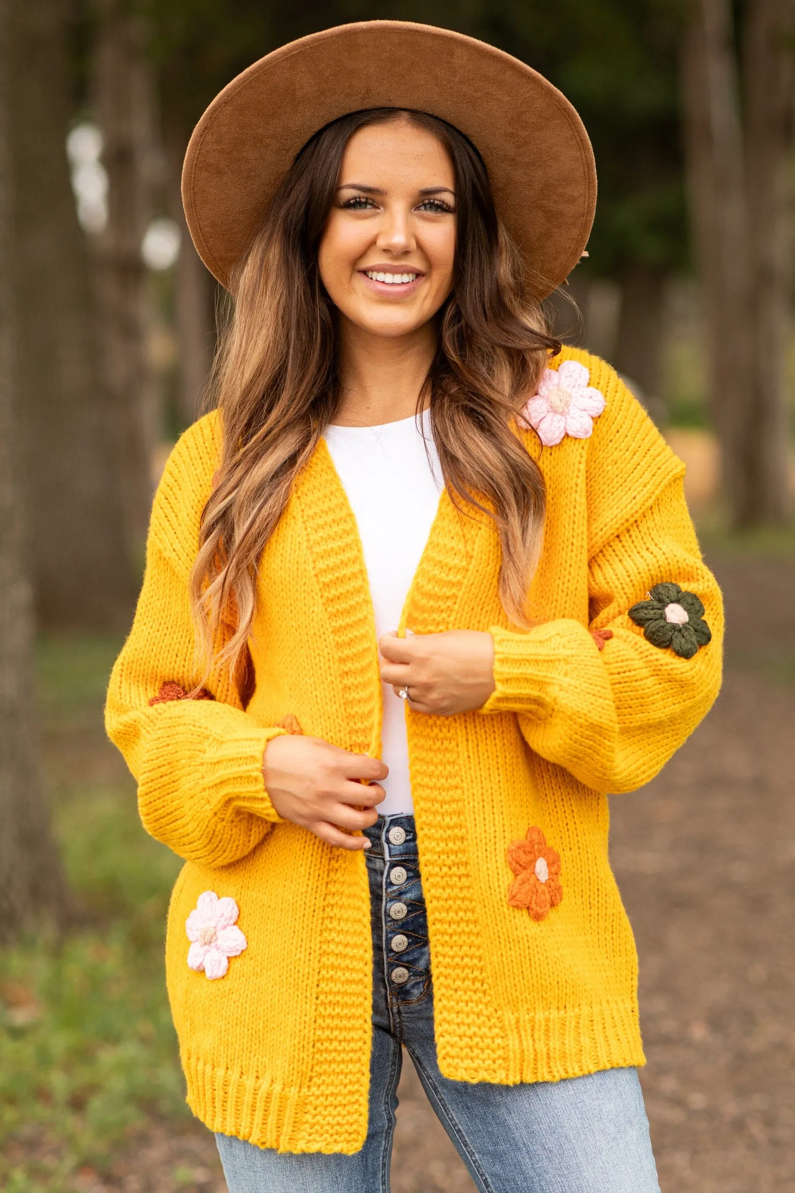 Golden Yellow Flower Embroidery Cardigan