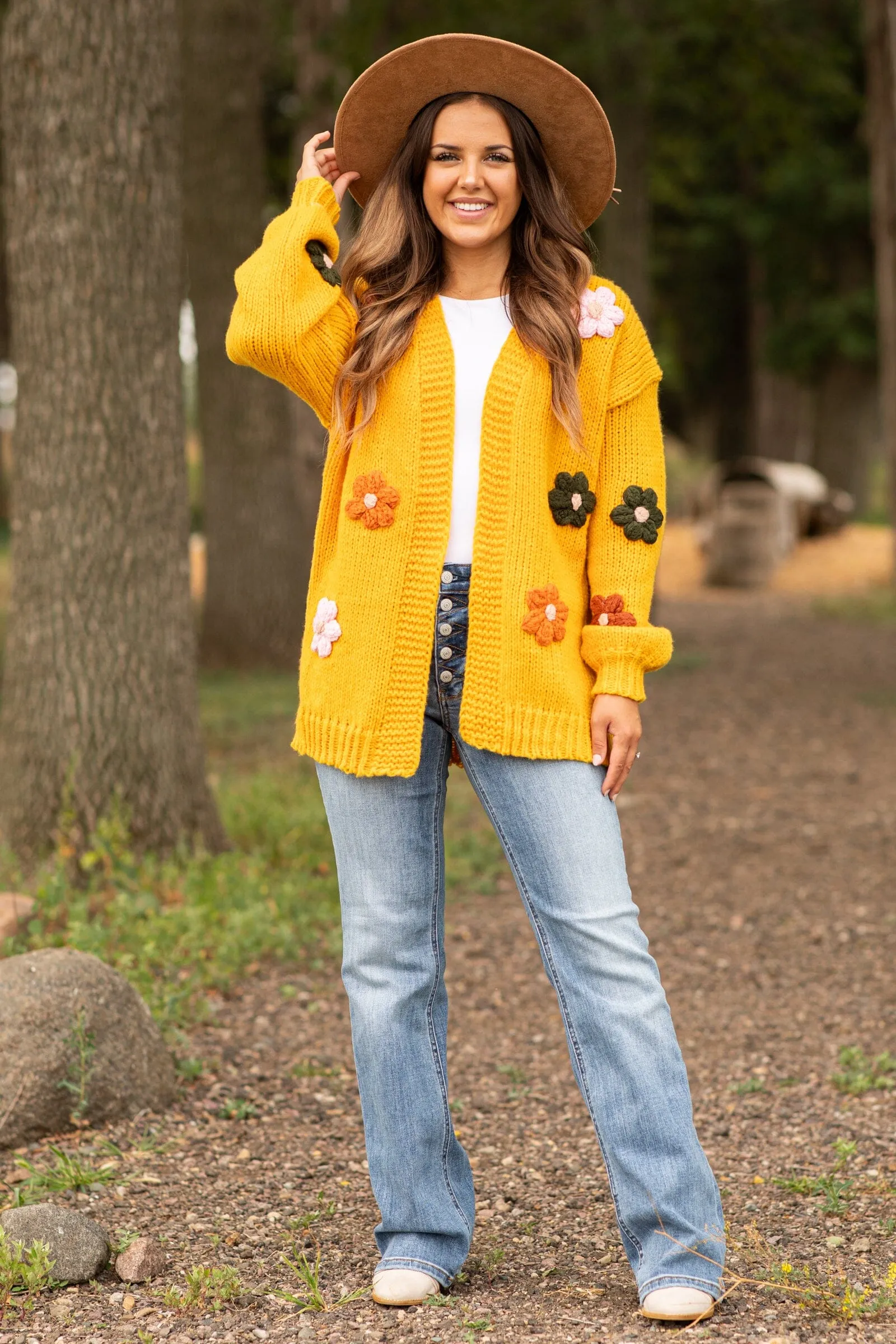 Golden Yellow Flower Embroidery Cardigan
