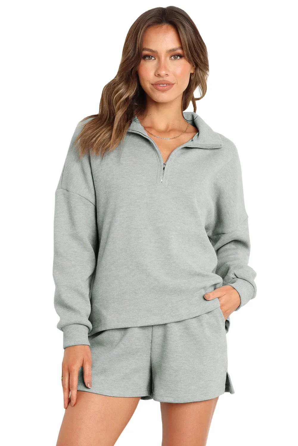 Gray Ribbed Zipper Sweatshirt and High Waist Shorts Set