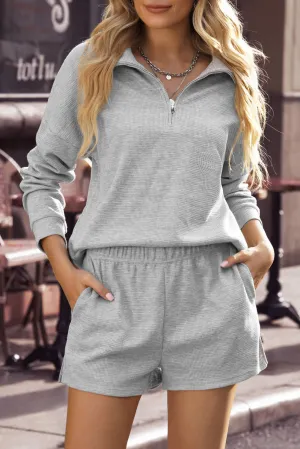 Gray Ribbed Zipper Sweatshirt and High Waist Shorts Set