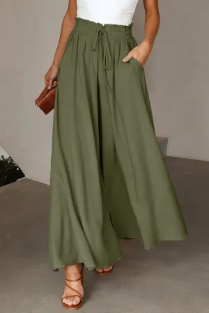 Green Drawstring Smocked High Waist Wide Leg Pants