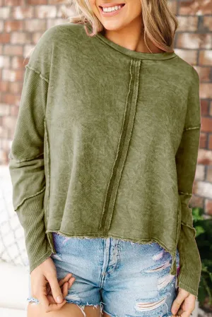 Green Exposed Seamed High Low Raw Edge Sweatshirt