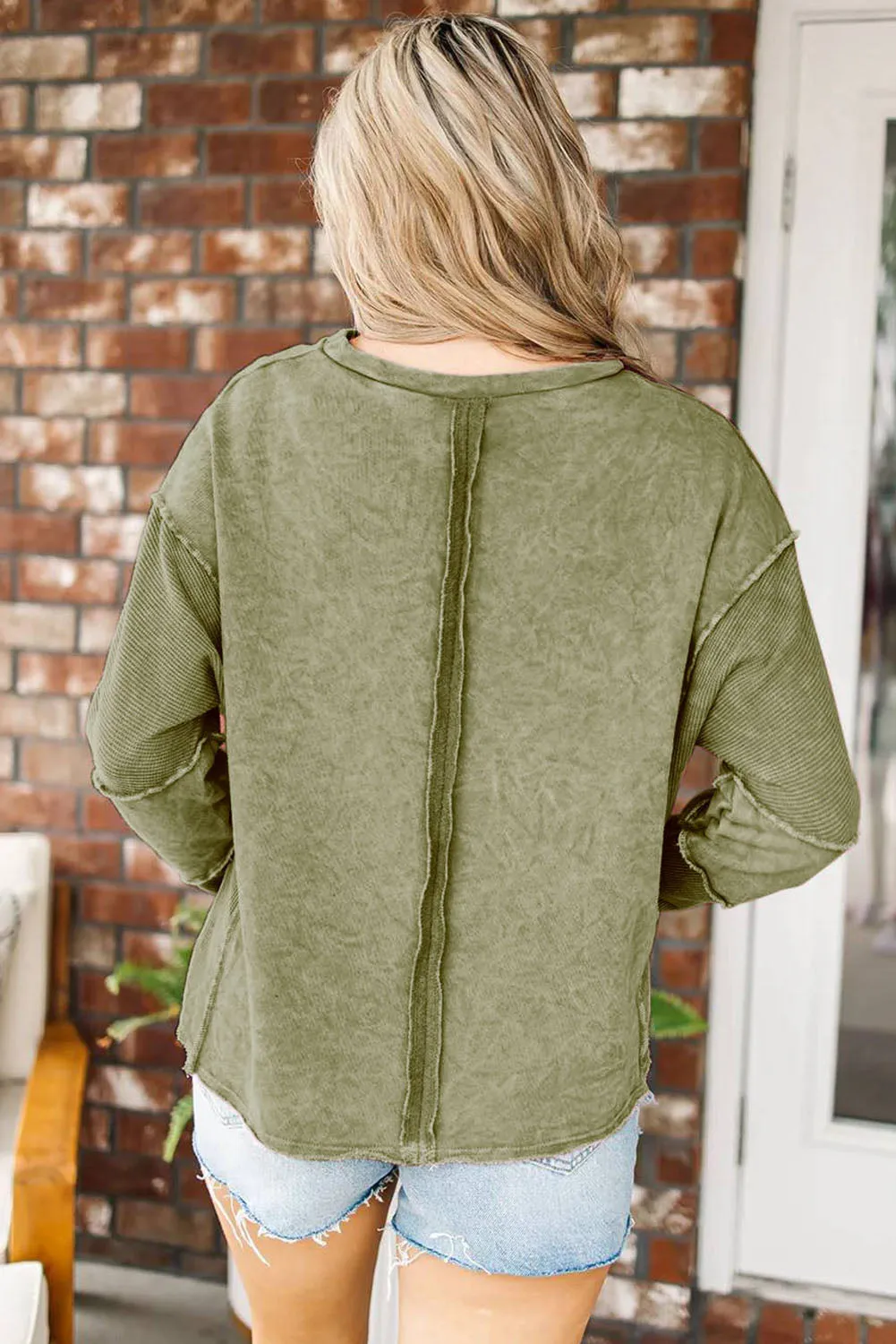 Green Exposed Seamed High Low Raw Edge Sweatshirt