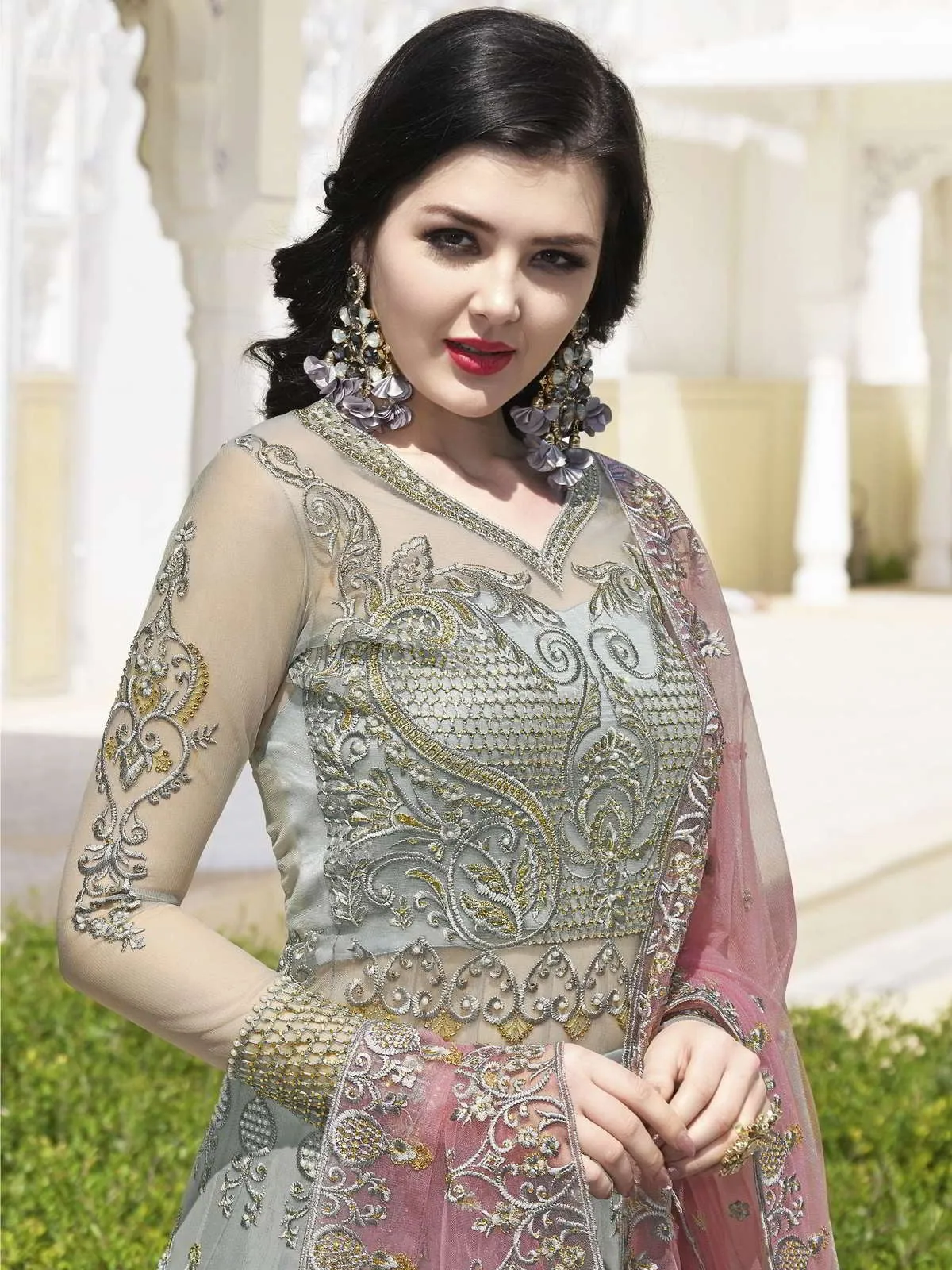 Grey And Pink Embroidered Anarkali Lehenga And Pant Suit