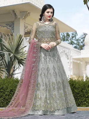 Grey And Pink Embroidered Anarkali Lehenga And Pant Suit