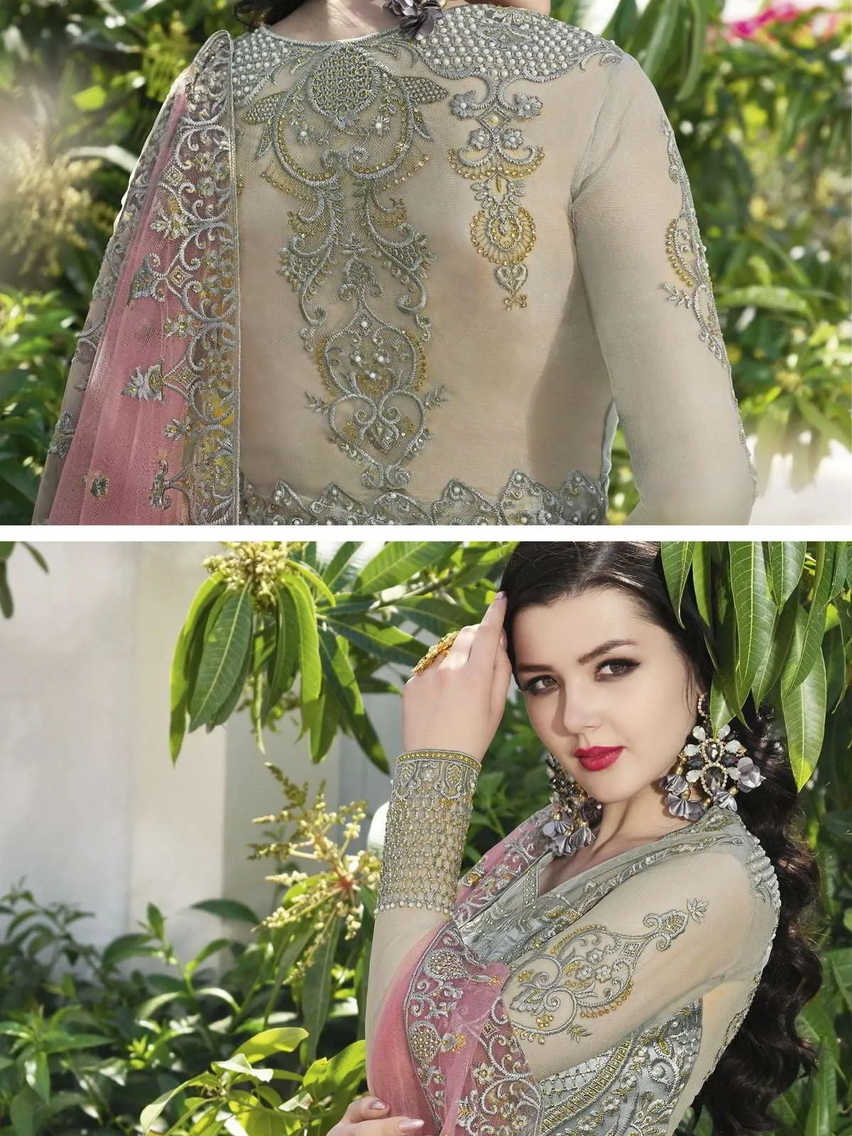 Grey And Pink Embroidered Anarkali Lehenga And Pant Suit