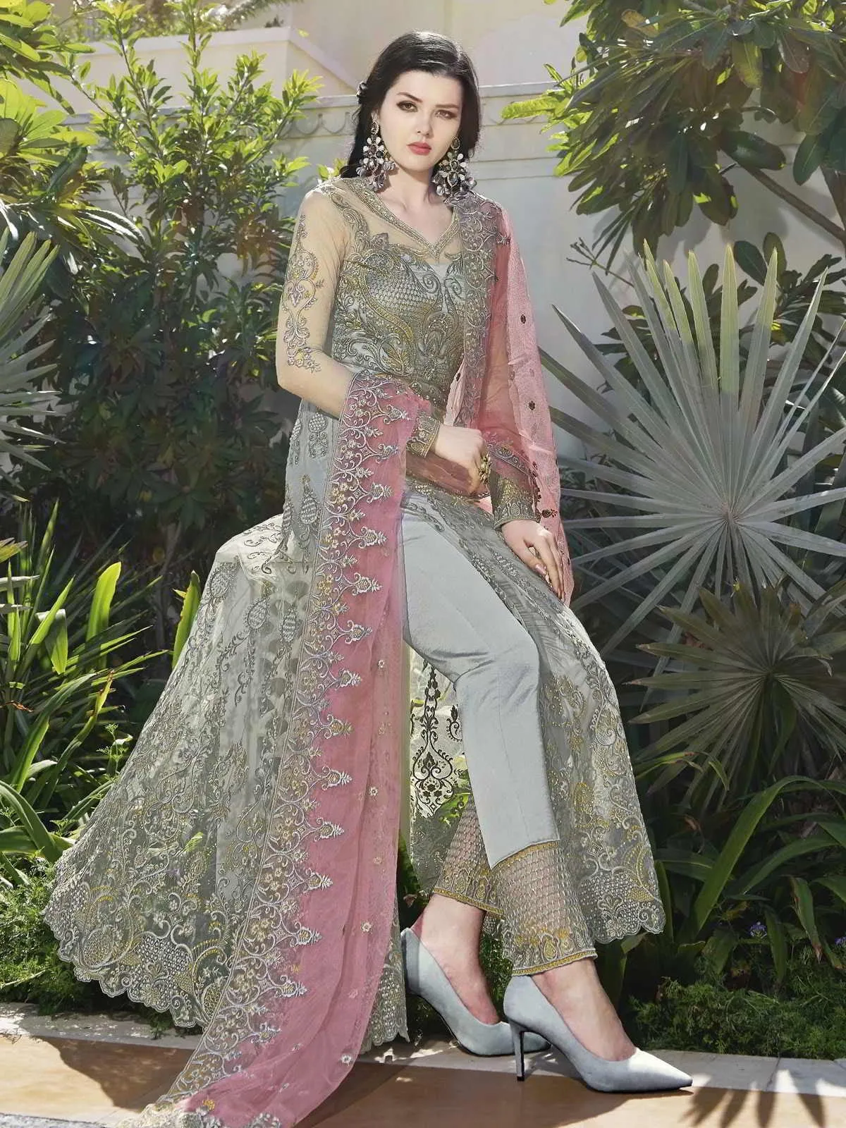 Grey And Pink Embroidered Anarkali Lehenga And Pant Suit