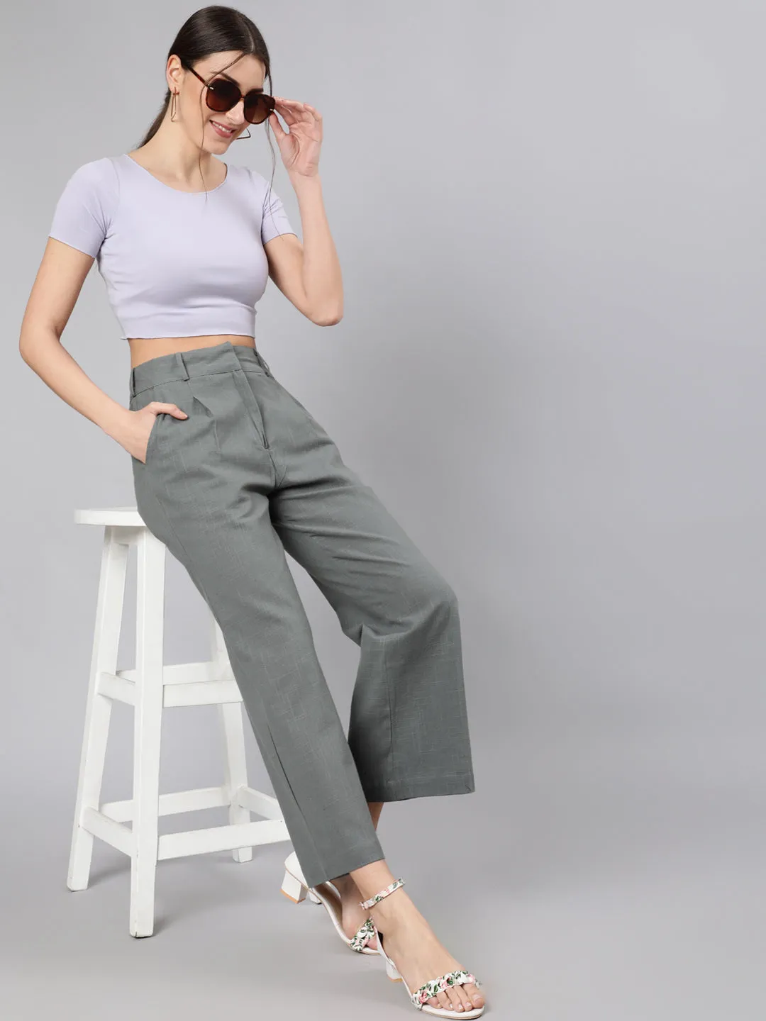 Grey Cotton Slub Flared High Rise Parallel Pants