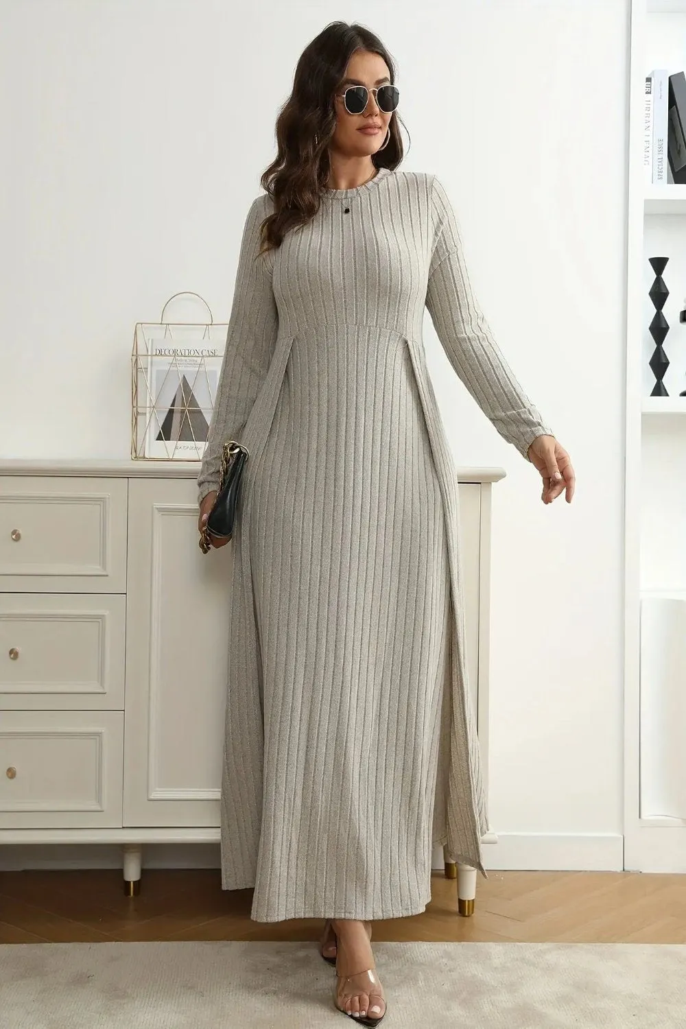 Grey Ribbed Split Waist Dress