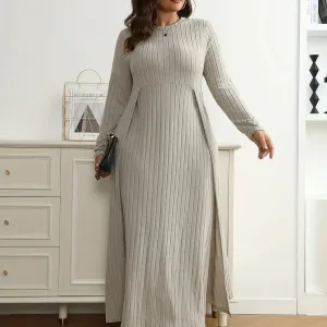 Grey Ribbed Split Waist Dress